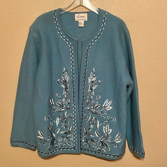 LINEA by LOUIS DELL'OLIO Teal 100% Wool Embroidered Cardigan Sweater Size L - Picture 1 of 8